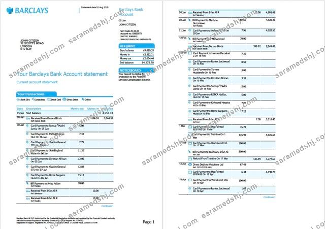 UK Barclays bank account statement Word and PDF template, 2 pages